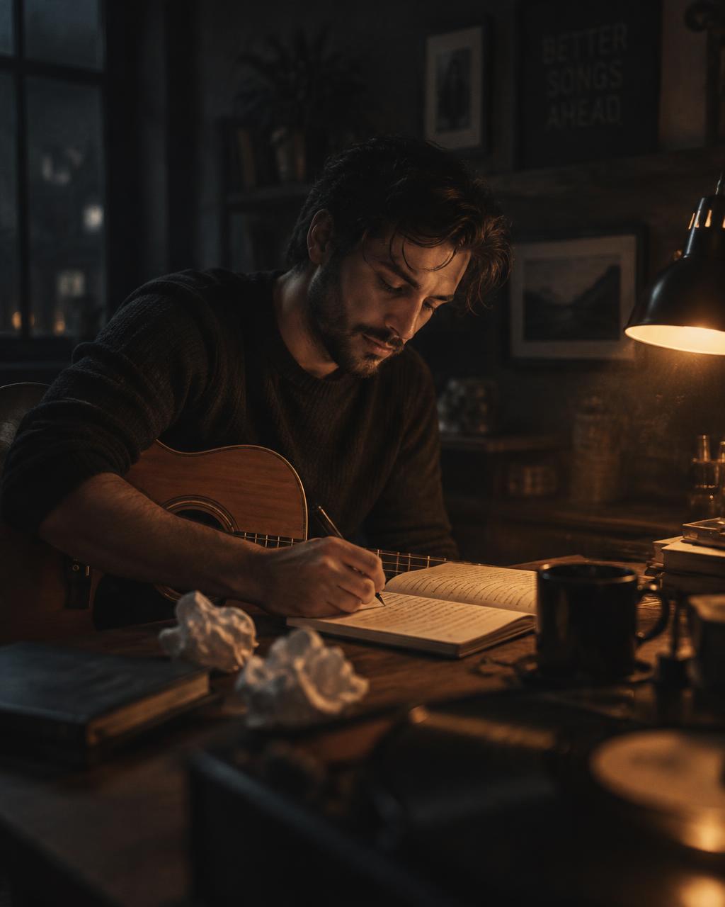 Compositor escrevendo letras ao lado de um violão sob luz baixa